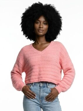 COTTON CANDY LA | Cropped Stripe Sweater Coral Balloon Sleeve Women’s Size M/L